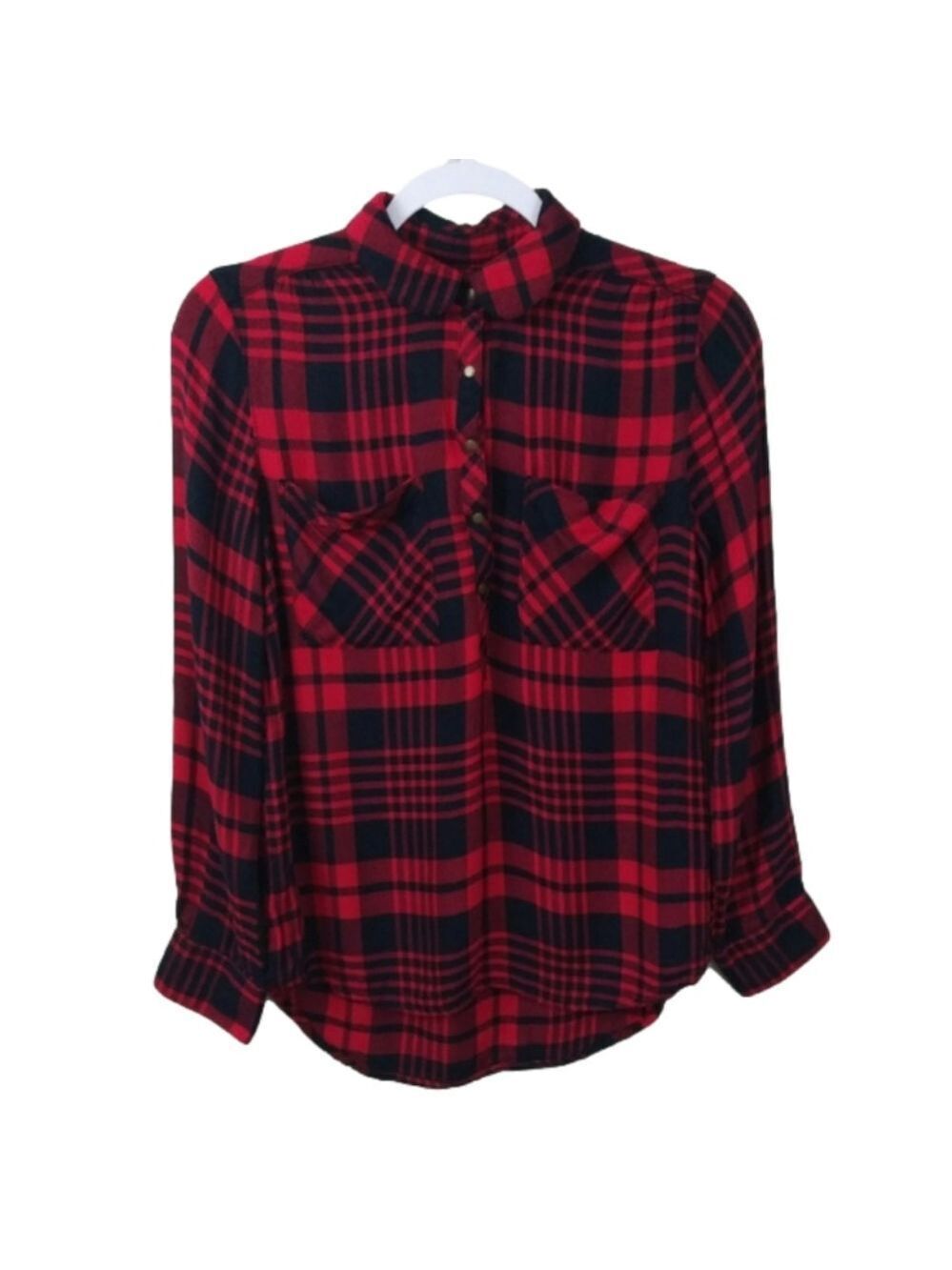 YMI Los Angeles Red Plaid Round Collar Long Sleeve 3/4 Snap Front Pullover Top